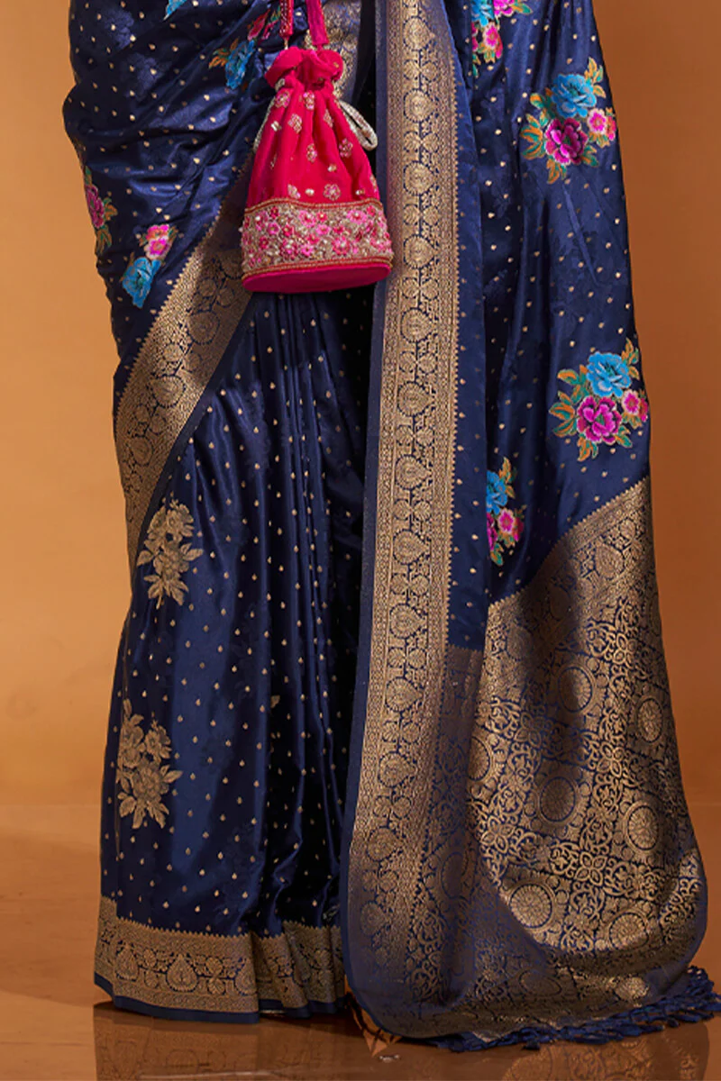 Outstanding Navy Blue Banarasi Satin Silk Saree With Engrossing Blouse - Image 3