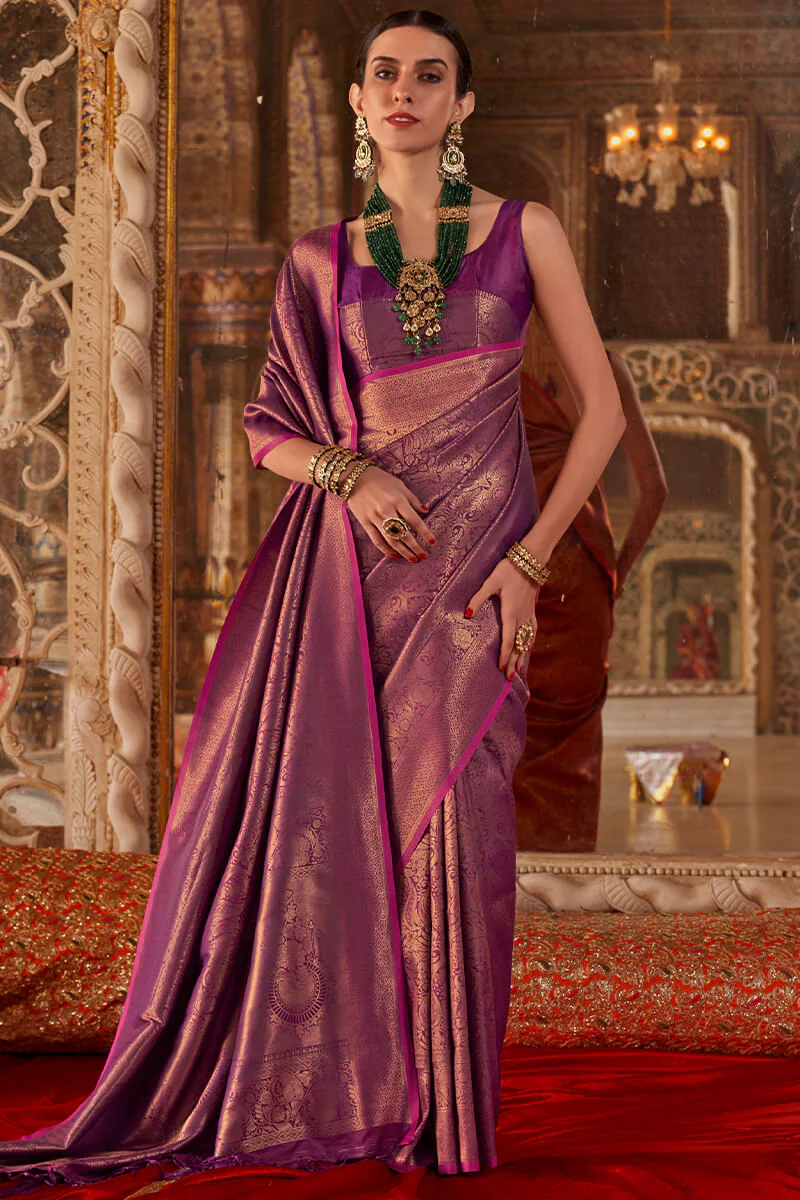 Outstanding Purple Kanjivaram Silk Saree With Devastating Blouse Piece - Image 2