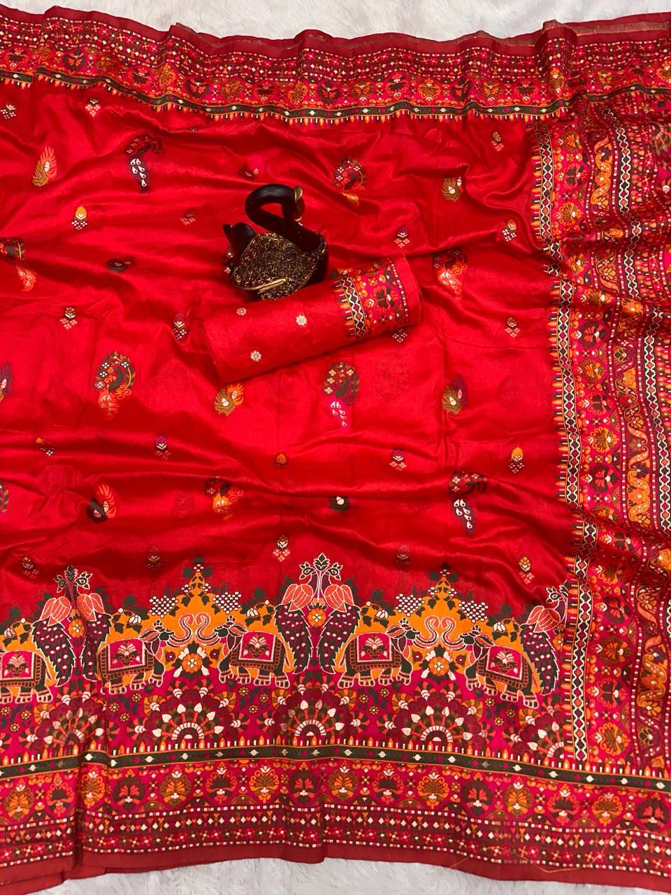 Outstanding Red Pashmina Saree With Majesty Blouse Piece - Image 2