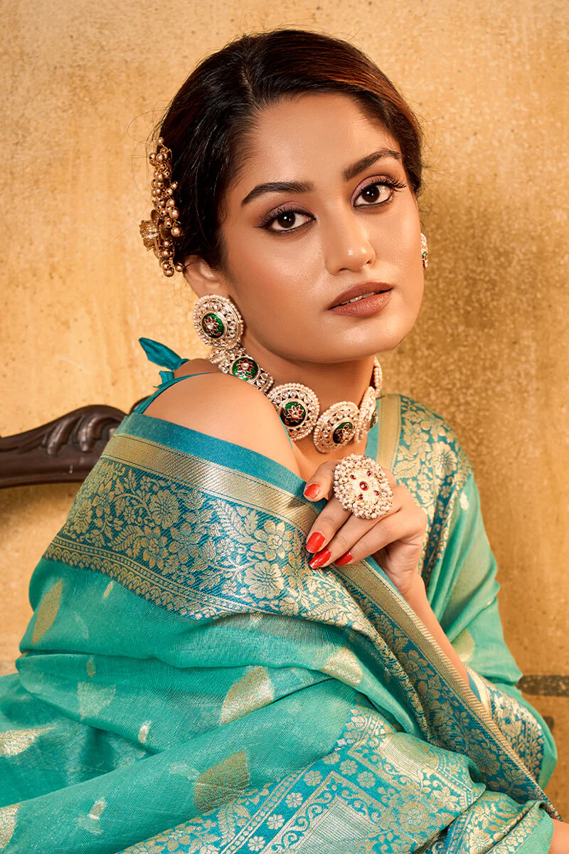 Outstanding Sea Green Soft Banarasi Silk Saree With Appealing Blouse Piece - Image 2