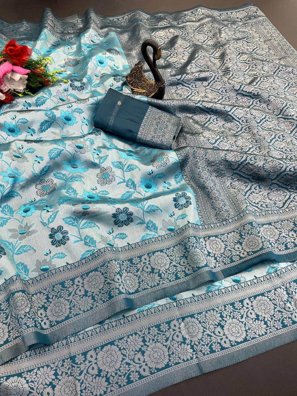 Outstanding Sky Soft Banarasi Tissue Silk Saree With Scintilla Blouse Piece - Image 2