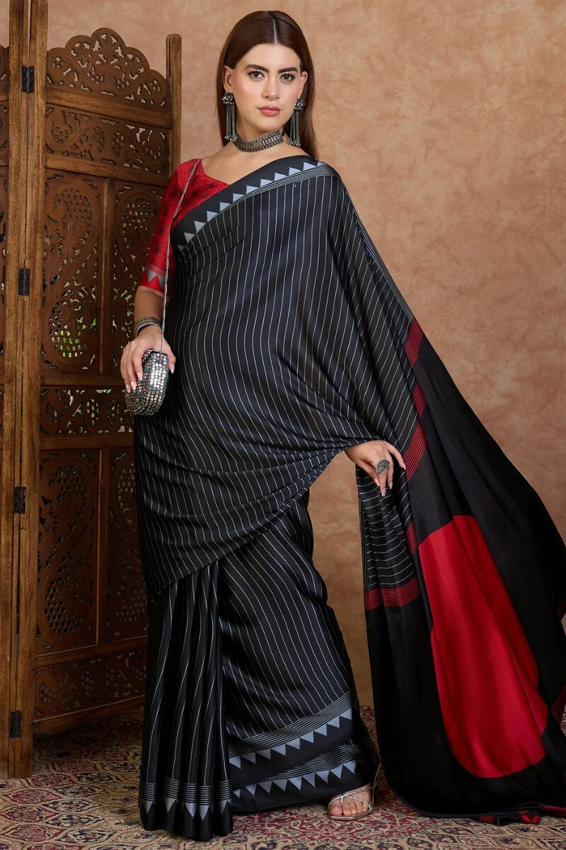 Palimpsest Black Ajrakh Printed Semi Modal Silk Saree With Lovely Blouse Piece - Image 3