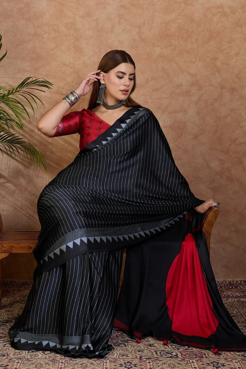 Palimpsest Black Ajrakh Printed Semi Modal Silk Saree With Lovely Blouse Piece - Image 4