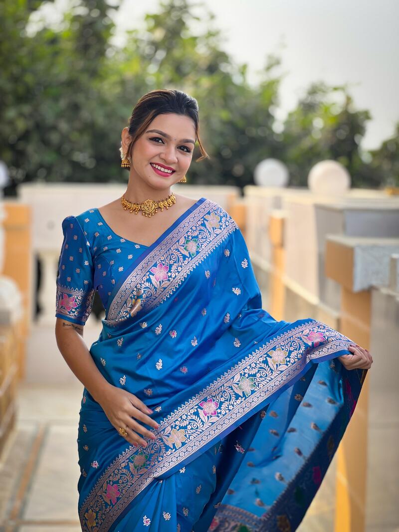 Palimpsest Firozi Soft Banarasi Silk Saree With Smashing Blouse Piece - Image 2