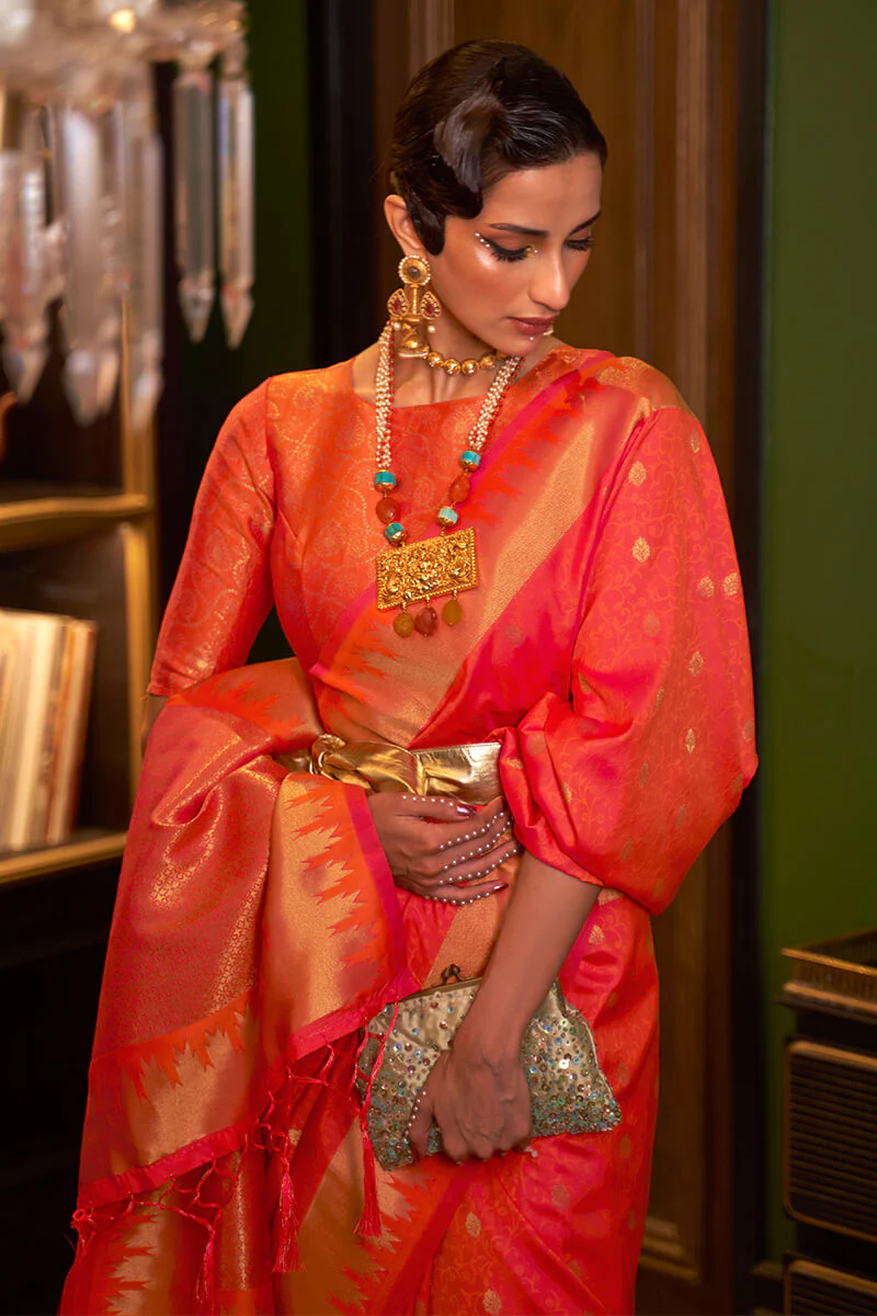 Palimpsest Peach Soft Banarasi Silk Saree With Staggering Blouse Piece - Image 2