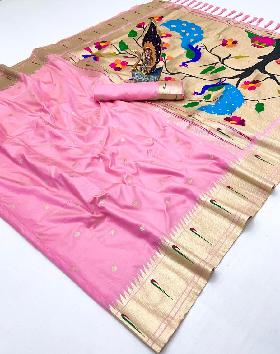 Panache Baby Pink Paithani Silk Saree With Allure Blouse Piece