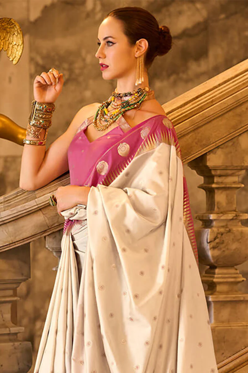 Panache Beige Soft Banarasi Silk Saree With Embellished Blouse Piece - Image 3