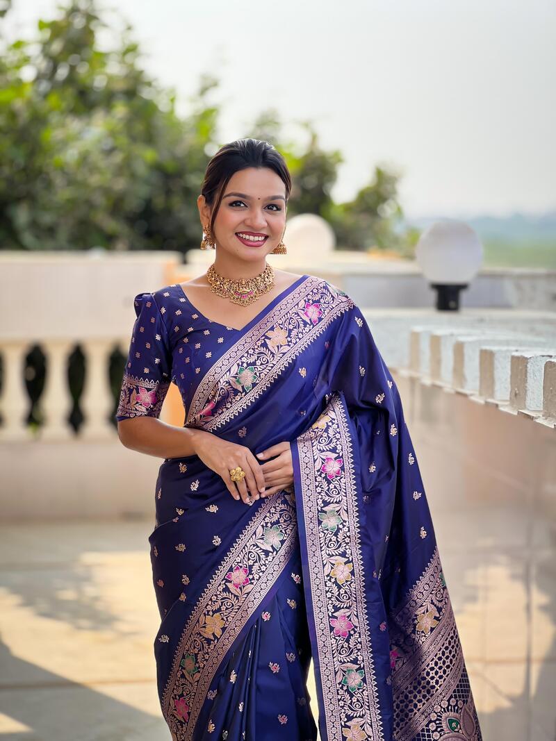 Panache Navy Blue Soft Banarasi Silk Saree With Rhapsodic Blouse Piece - Image 2