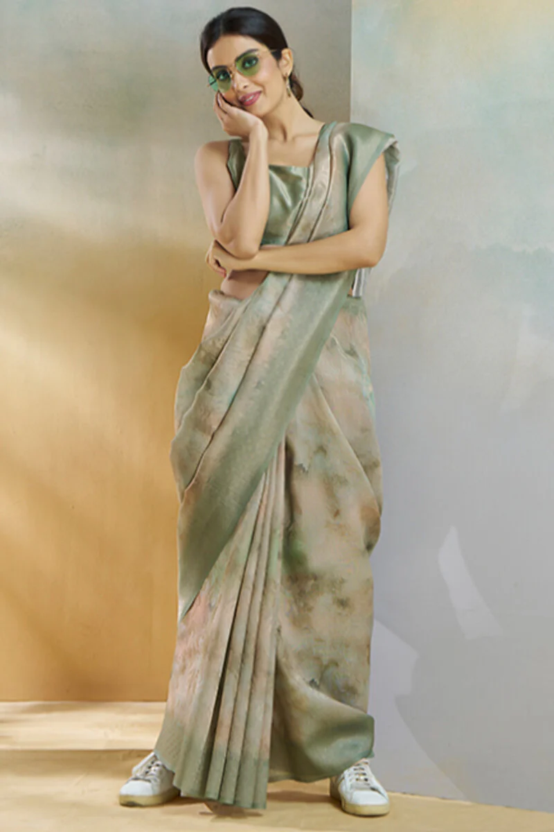 Panache Pista Digital Printed Soft Silk Saree With Petrichor Blouse Piece - Image 3