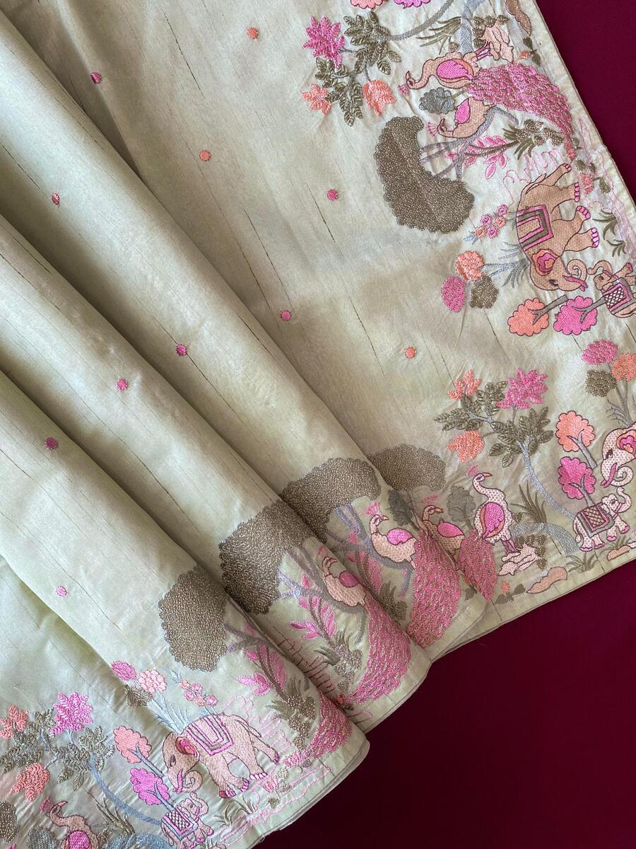 Panache Pista Embroidery Work Tussar Silk Saree With Angelic Blouse Piece - Image 3