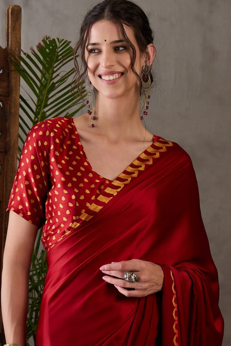 Panache Red Ajrakh Printed Semi Modal Silk Saree With Chatoyant Blouse Piece - Image 2