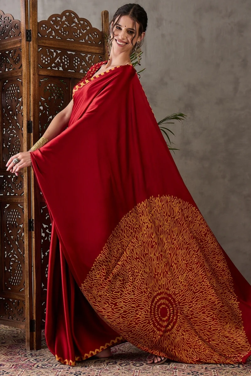 Panache Red Ajrakh Printed Semi Modal Silk Saree With Chatoyant Blouse Piece - Image 5