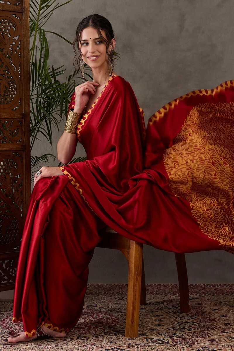 Panache Red Ajrakh Printed Semi Modal Silk Saree With Chatoyant Blouse Piece - Image 6
