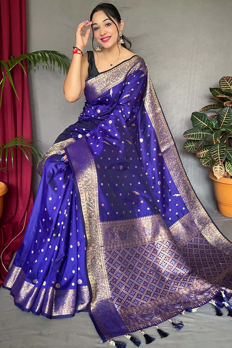 Panache Royal Blue Soft Banarasi Silk Saree With Ethereal Blouse Piece - Image 3