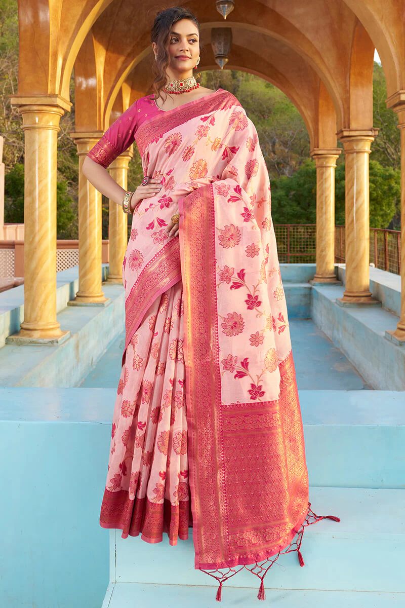 Panoply Baby Pink Organza Silk Saree With Lissome Blouse Piece - Image 4
