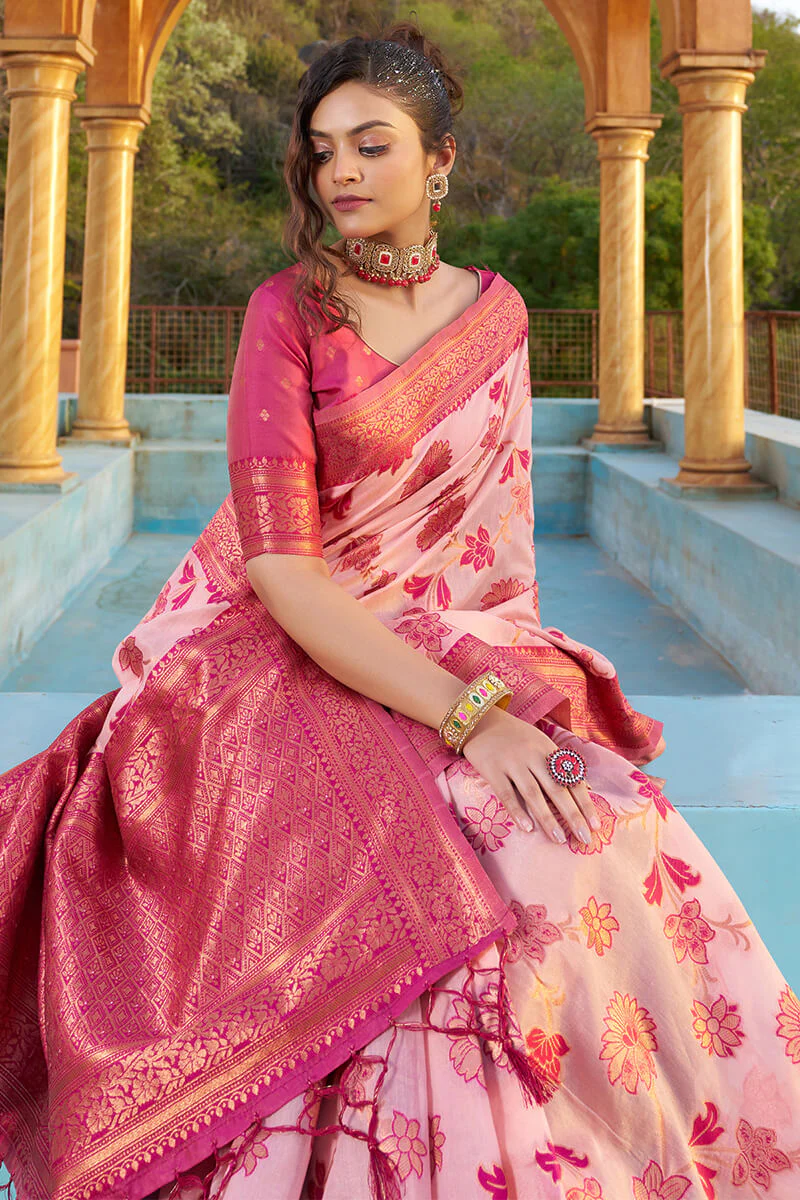 Panoply Baby Pink Organza Silk Saree With Lissome Blouse Piece - Image 5