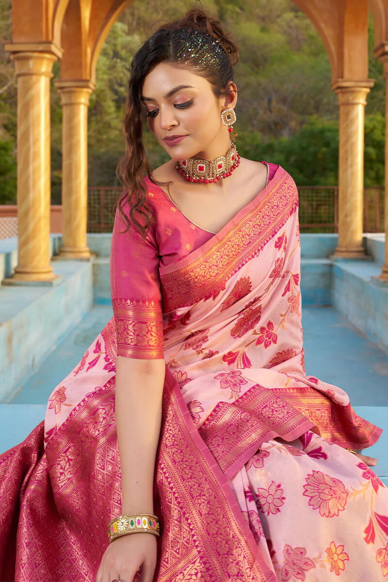 Panoply Baby Pink Organza Silk Saree With Lissome Blouse Piece - Image 6