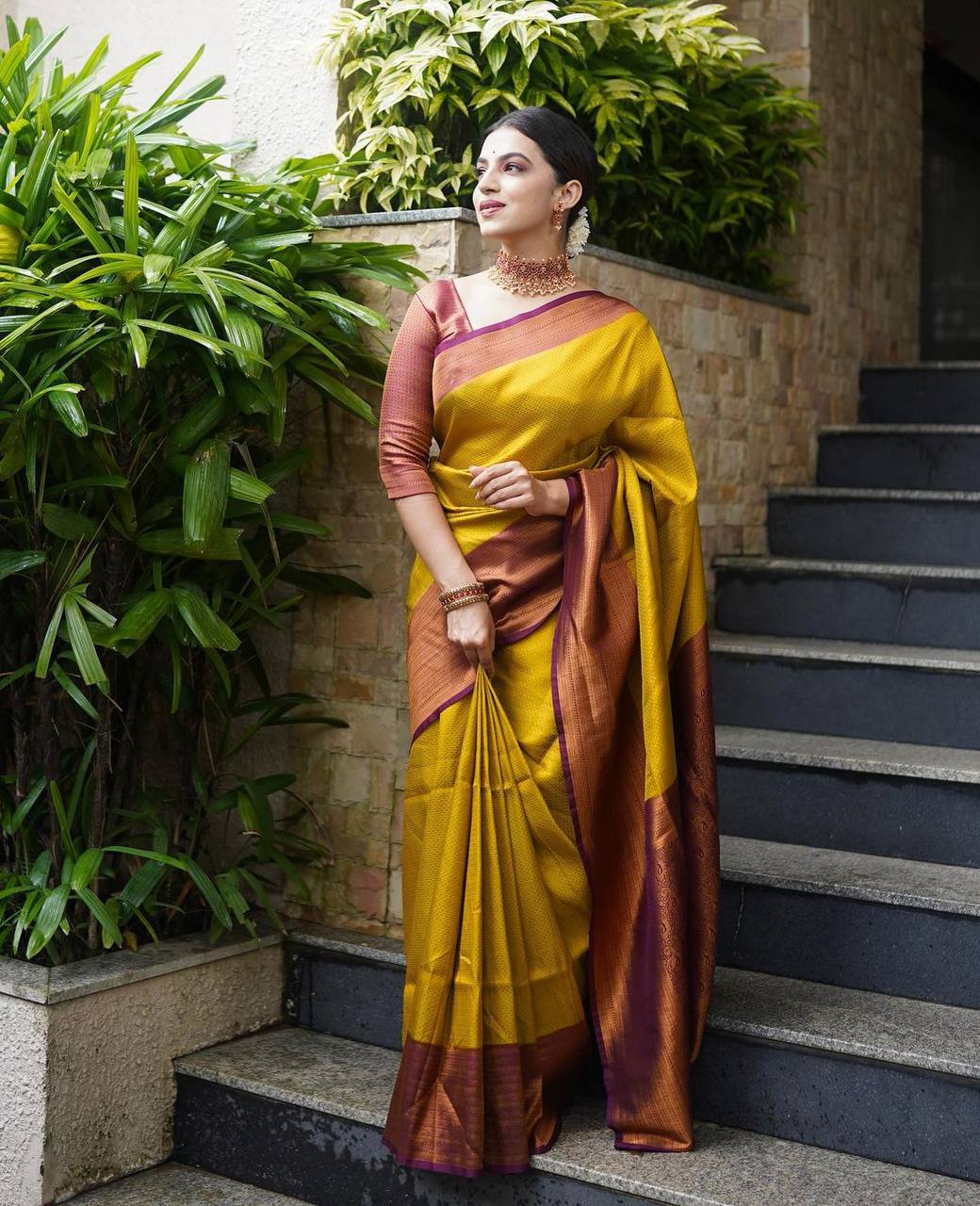 Panoply Golden Soft Silk Saree with Propinquity Blouse Piece - Image 5