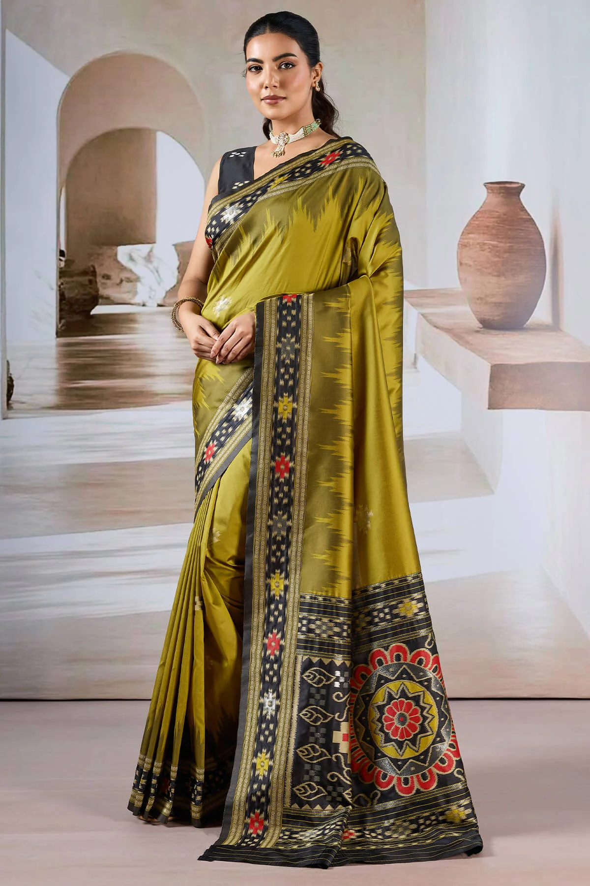 Panoply Mustard Patola Silk Saree with Elegant Blouse Piece - Image 3