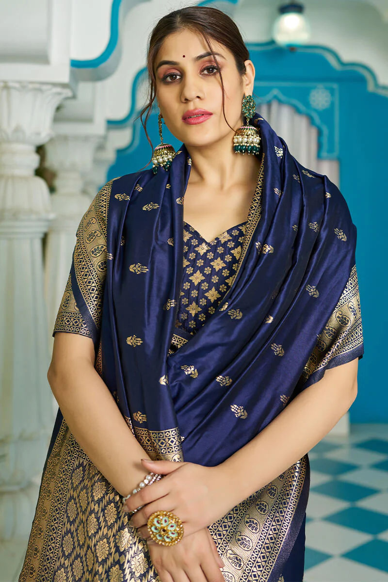 Panoply Navy Blue Banarasi Silk Saree With Staggering Blouse Piece - Image 2