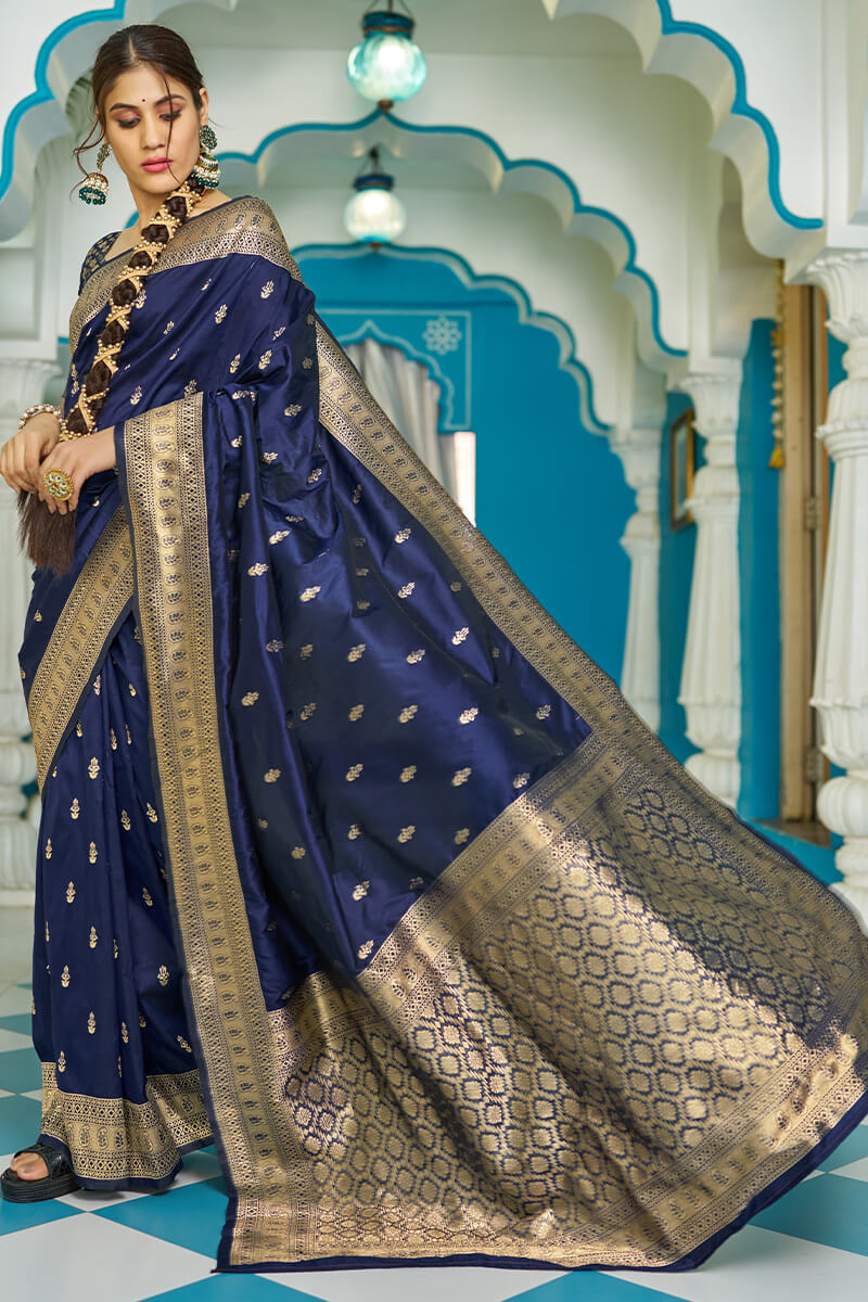 Panoply Navy Blue Banarasi Silk Saree With Staggering Blouse Piece - Image 3