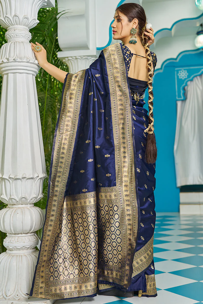 Panoply Navy Blue Banarasi Silk Saree With Staggering Blouse Piece - Image 4
