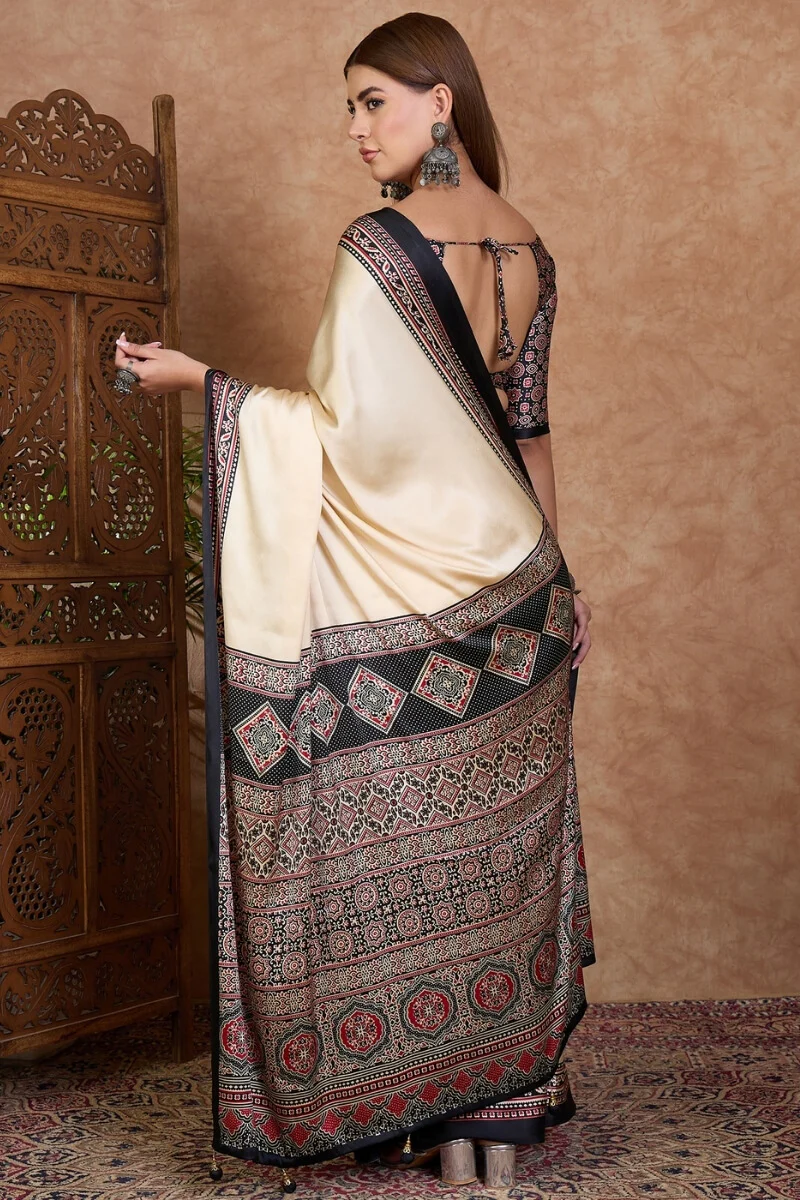 Panoply Off White Ajrakh Printed Semi Modal Silk Saree With Refreshing Blouse Piece - Image 5