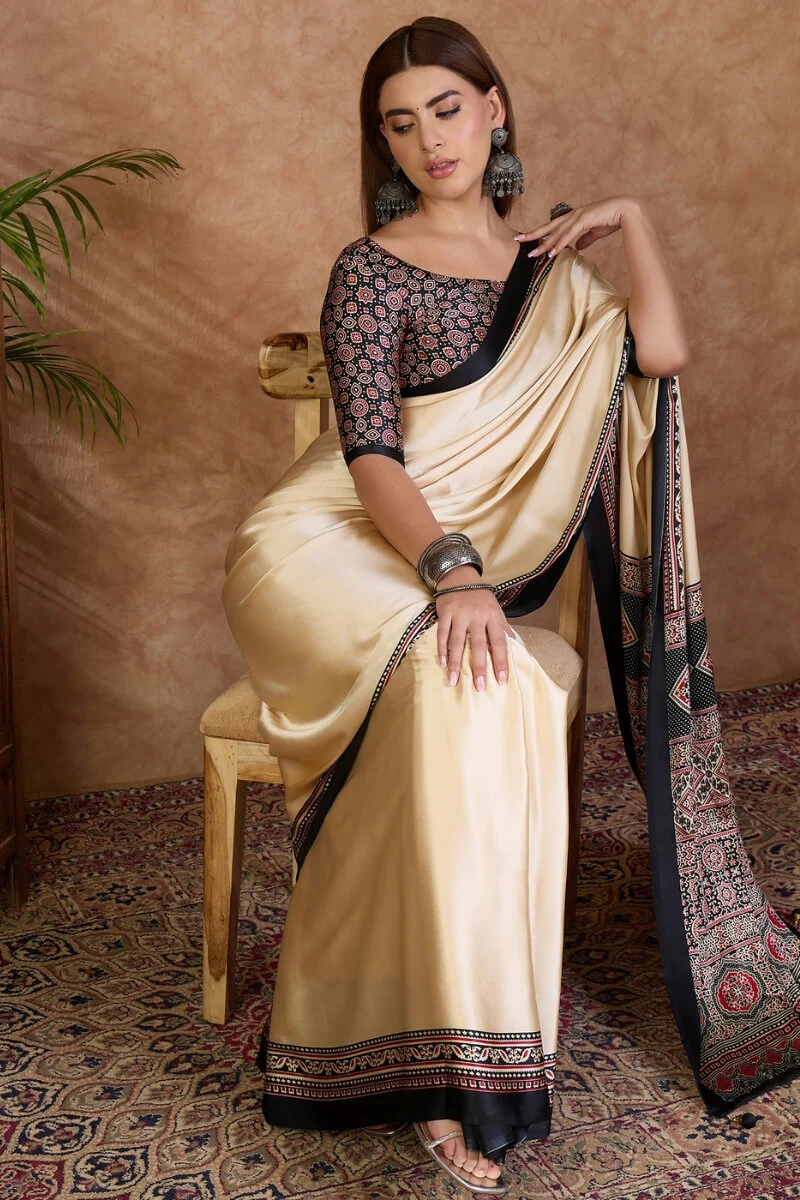 Panoply Off White Ajrakh Printed Semi Modal Silk Saree With Refreshing Blouse Piece - Image 7
