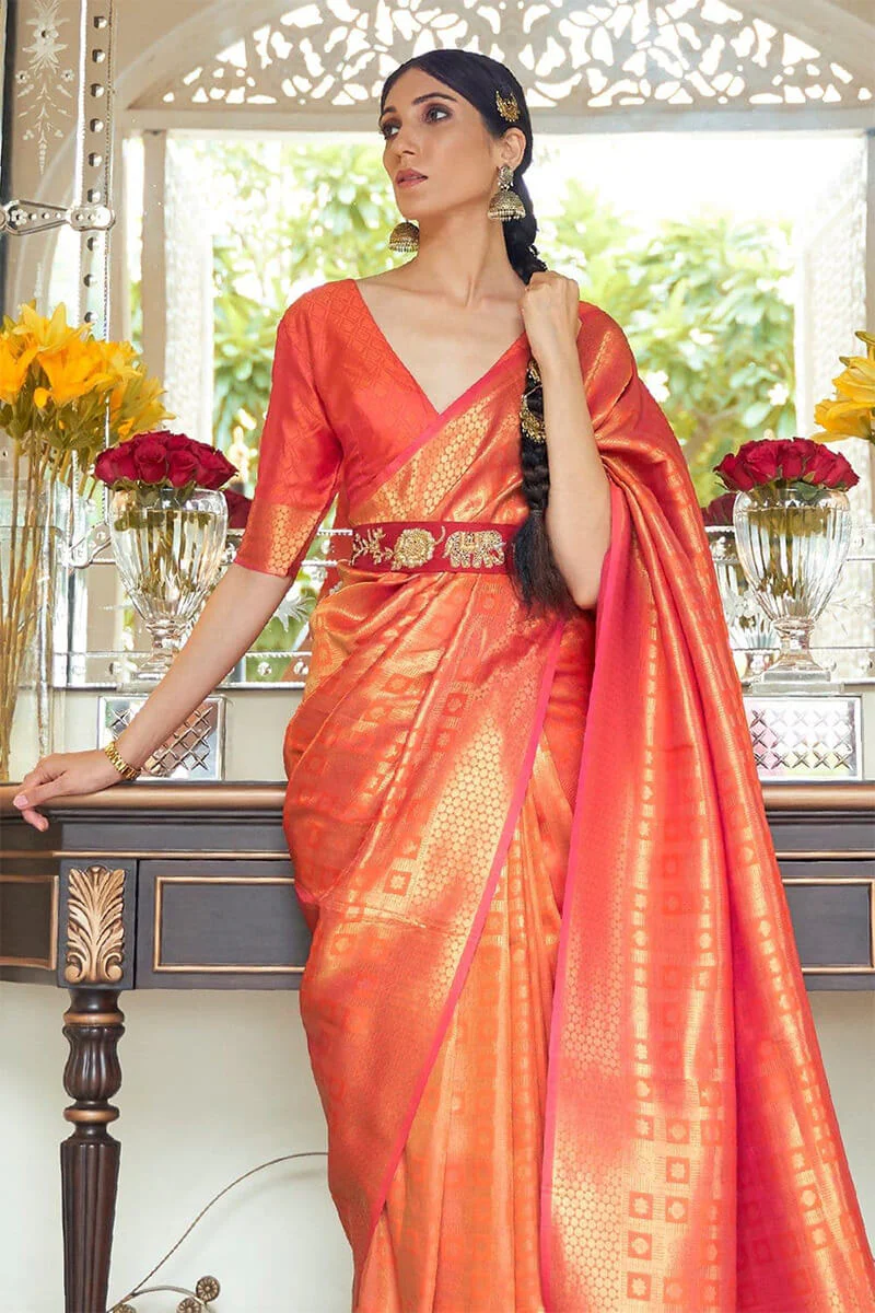 Panoply Orange Kanjivaram Silk Saree with Luxuriant Blouse Piece - Image 3