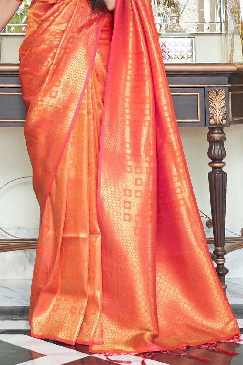 Panoply Orange Kanjivaram Silk Saree with Luxuriant Blouse Piece - Image 4