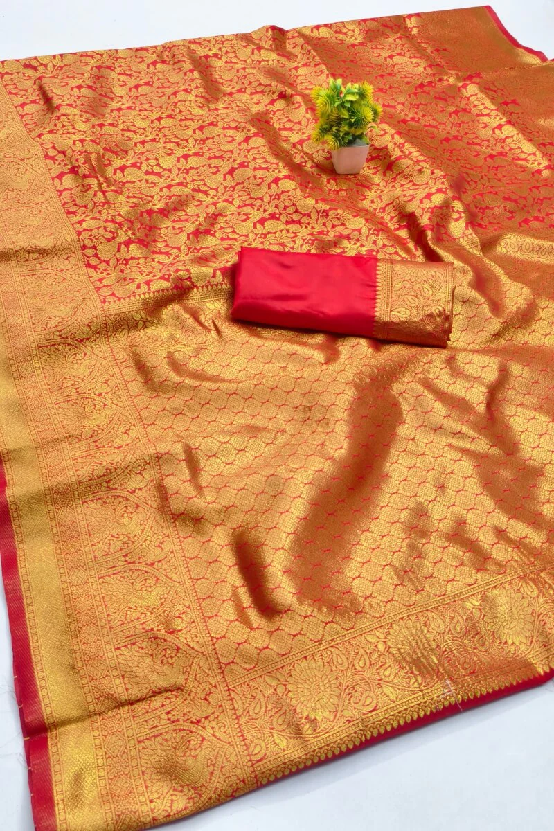Panoply Red Pure Zari Weaving Banarasi Silk Saree With Embrocation Blouse Piece - Image 2