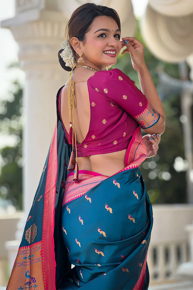 Panoply Teal Blue Paithani Silk Saree With Sumptuous Blouse Piece - Image 2
