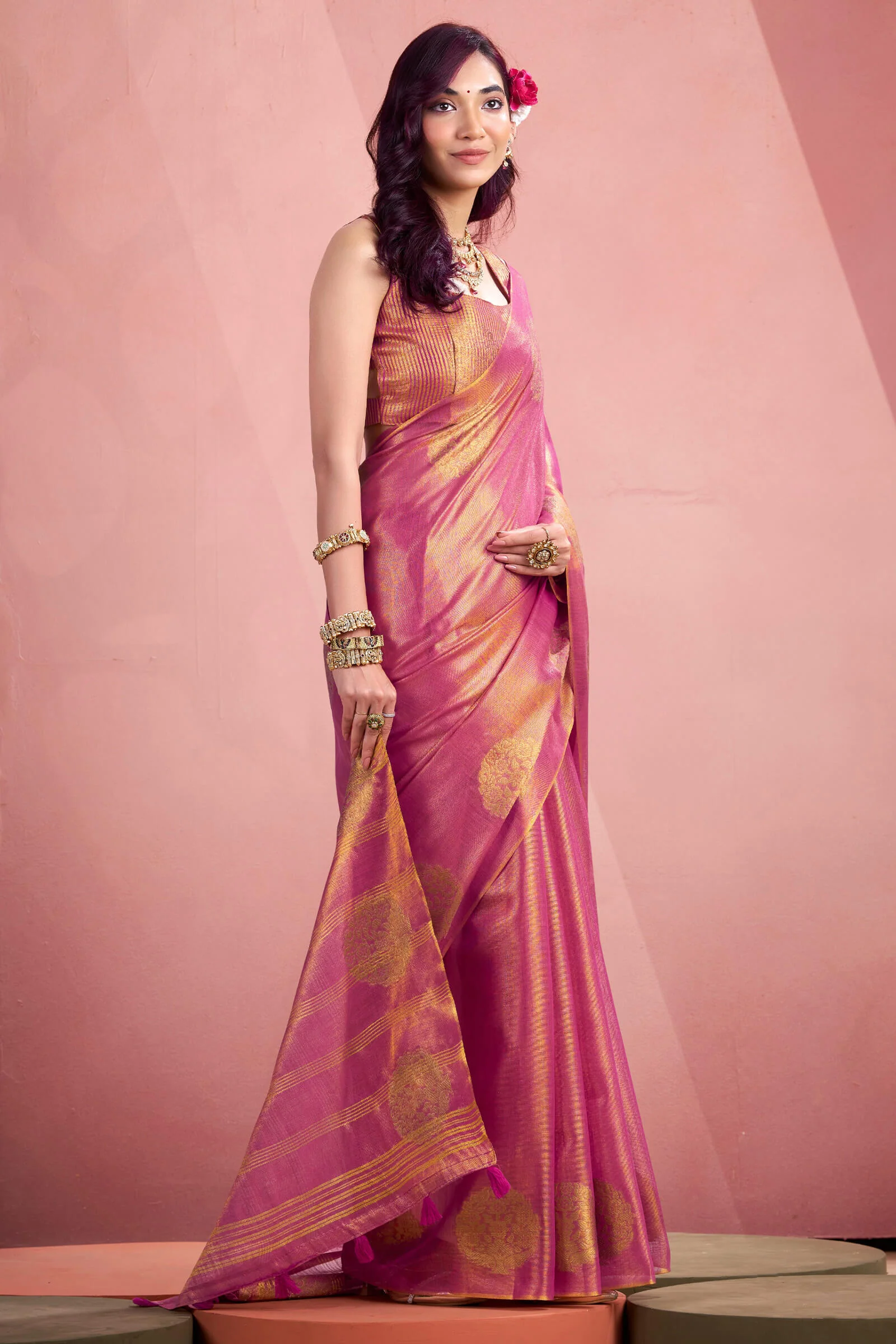 Petrichor Dark Pink Soft Banarasi Tissue Silk Saree With Devastating Blouse Piece - Image 3
