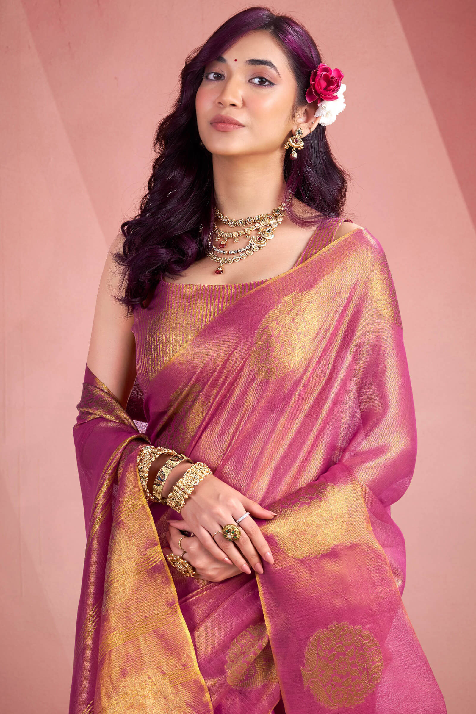 Petrichor Dark Pink Soft Banarasi Tissue Silk Saree With Devastating Blouse Piece - Image 4