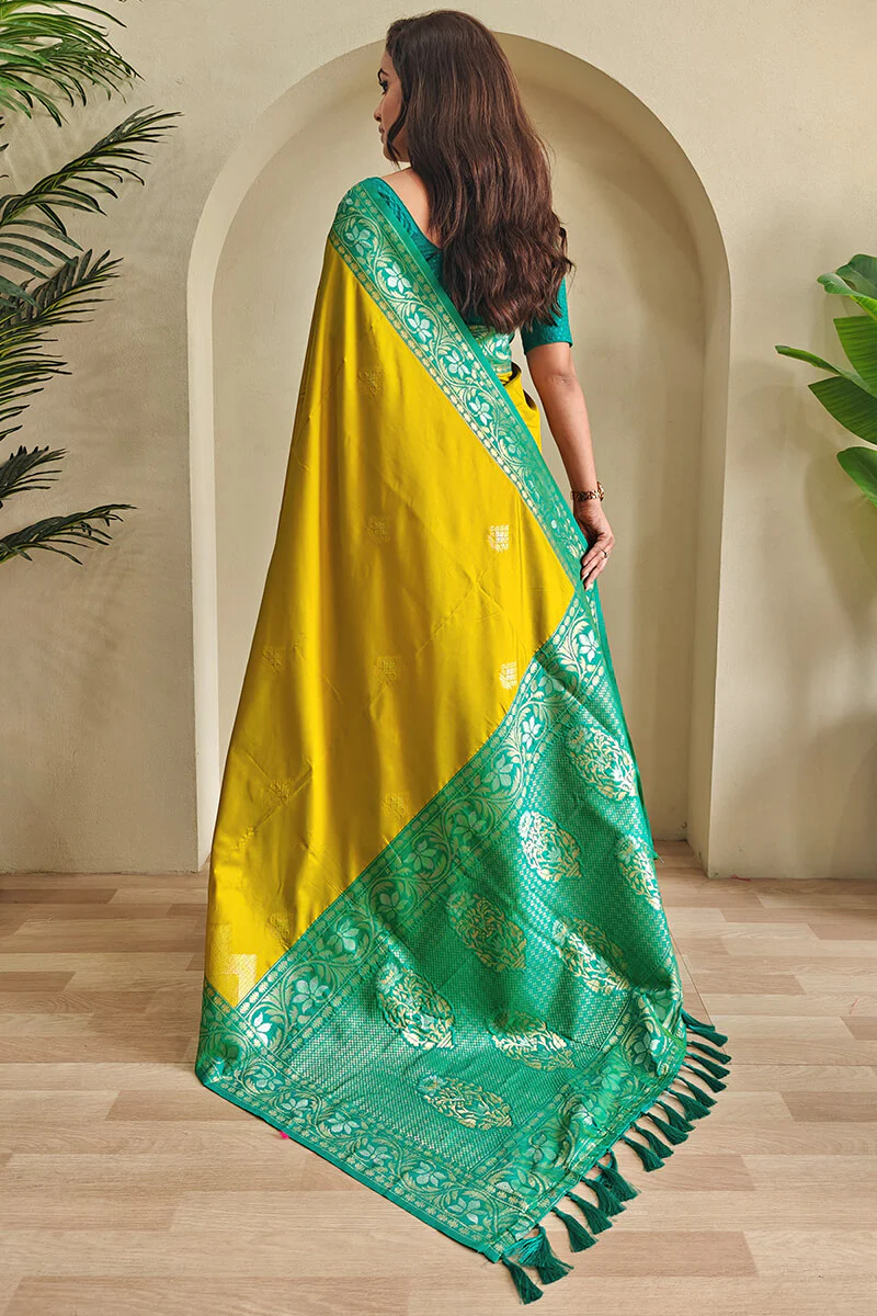 Petrichor Mustard Soft Banarasi Silk Saree With Woebegone Blouse Piece - Image 3