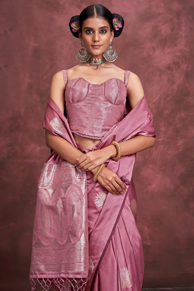 Petrichor Pink Banarasi Satin Silk Saree With Outstanding Blouse - Image 2