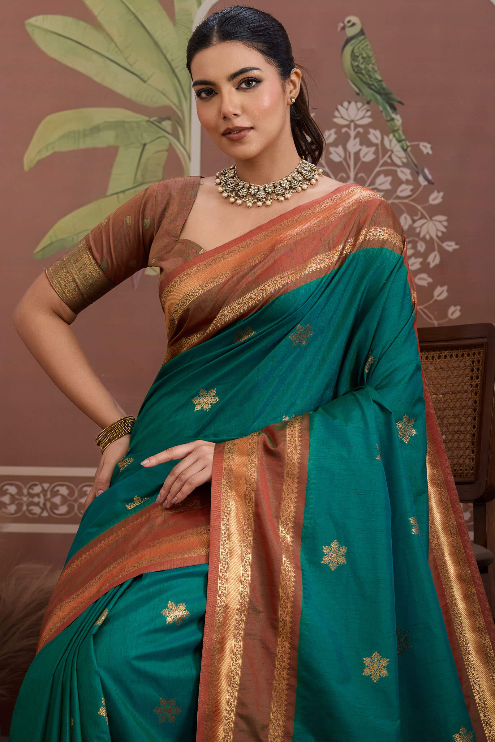 Petrichor Rama Banarasi Tussar Silk Saree With Verdant Blouse Piece - Image 2