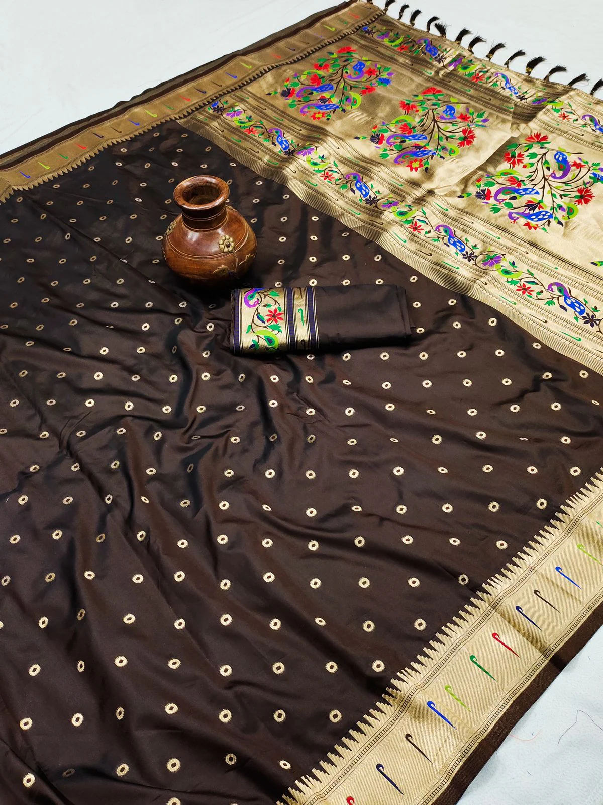 Phenomenal Brown Paithani Silk Saree With Ethnic Blouse Piece - Image 4