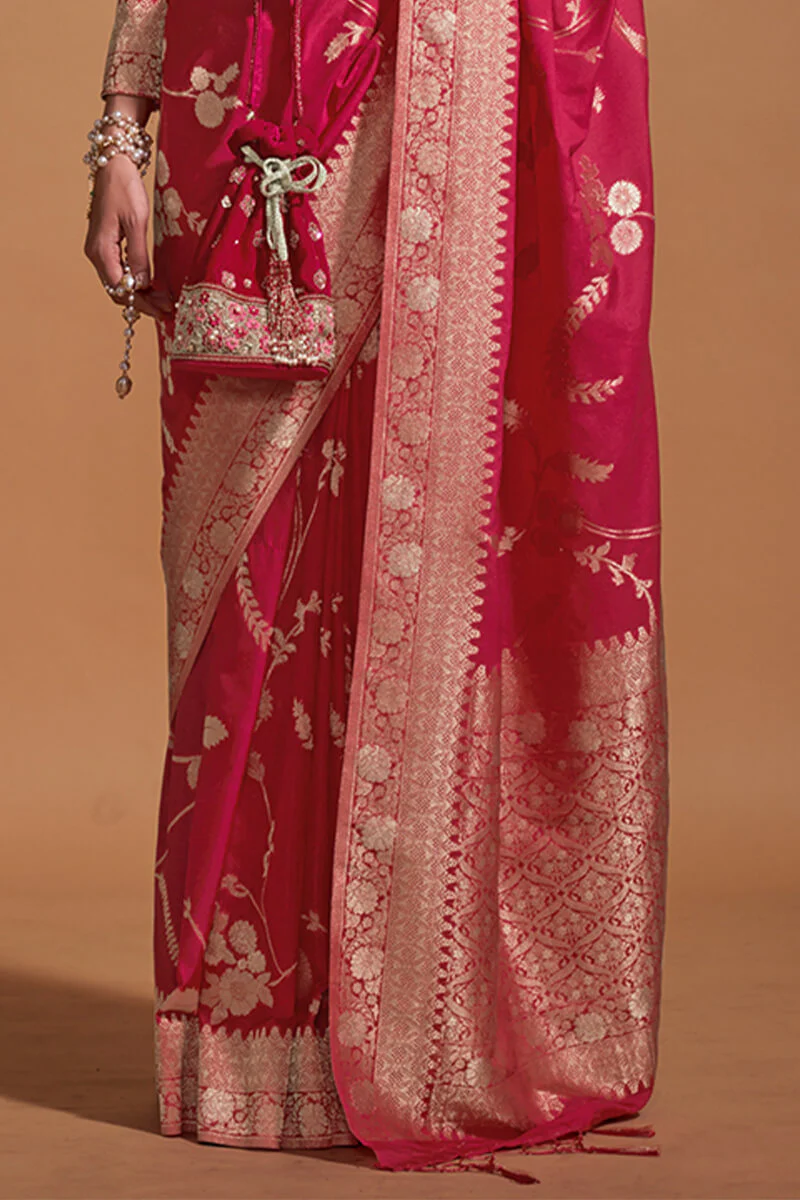 Phenomenal Dark Pink Georgette Banarasi Silk Saree With Jazzy Blouse Piece - Image 3