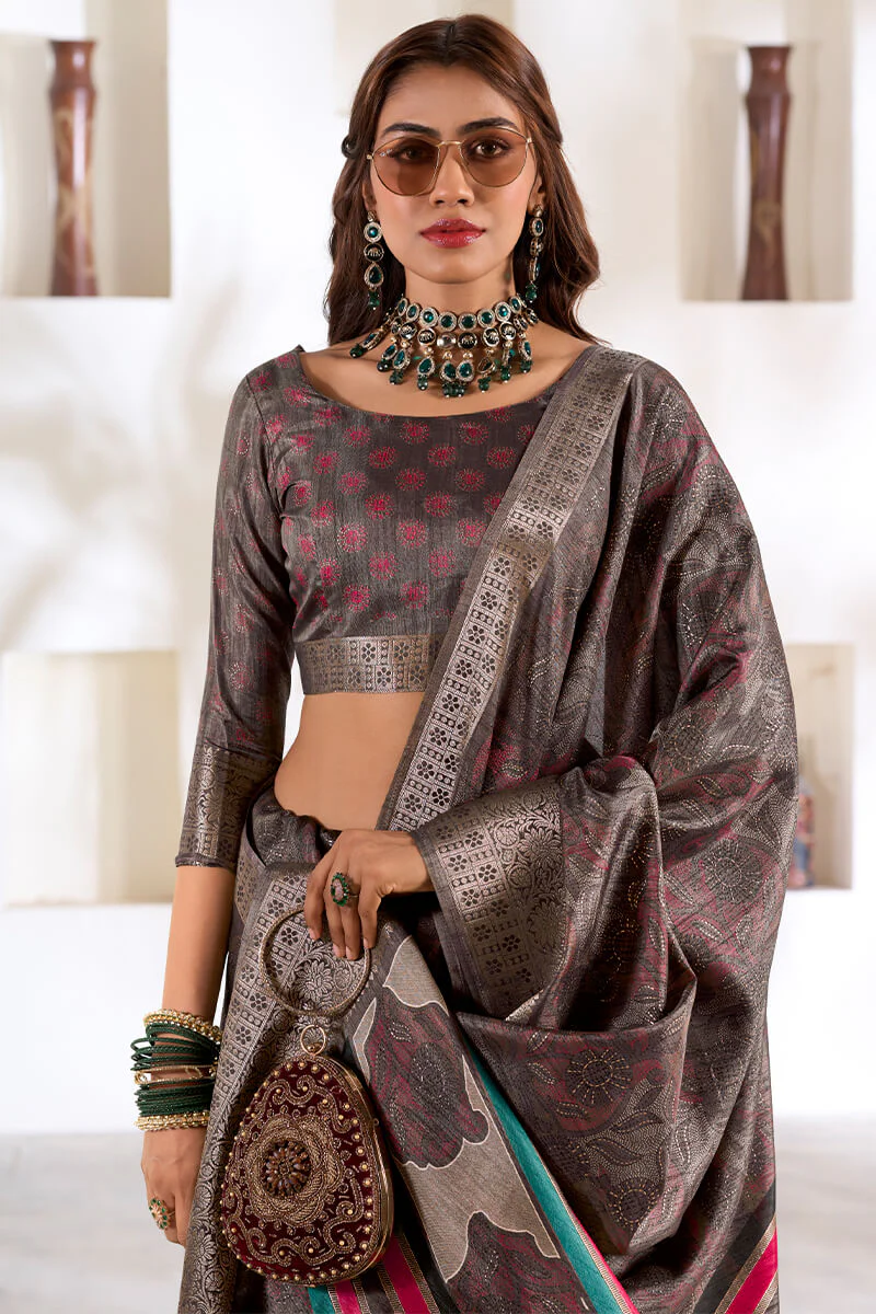 Phenomenal Grey Digital Printed Dola Silk Saree With Elegant Blouse Piece - Image 2