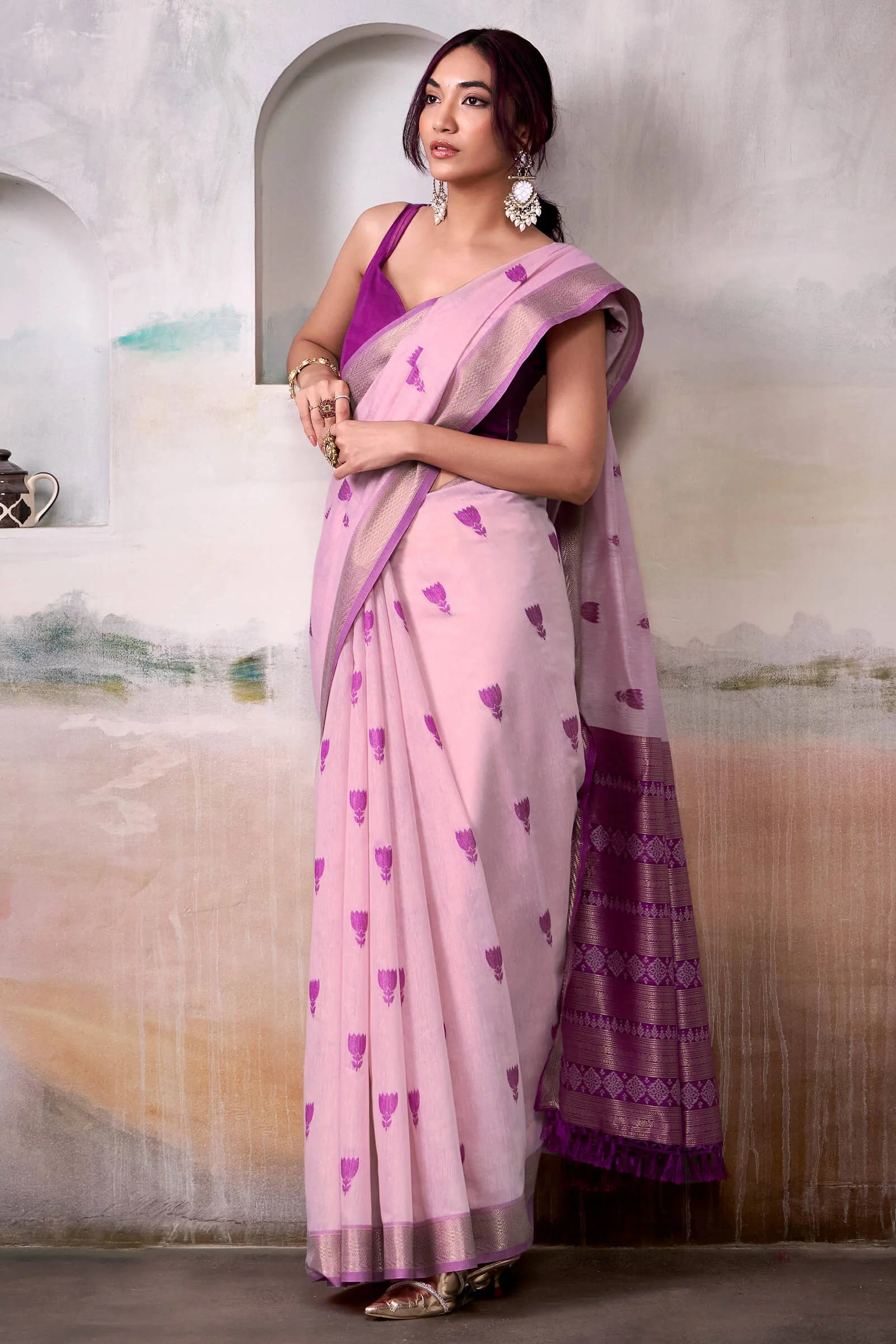 Phenomenal Lavender Cotton Silk Saree With Trendy Blouse Piece - Image 3