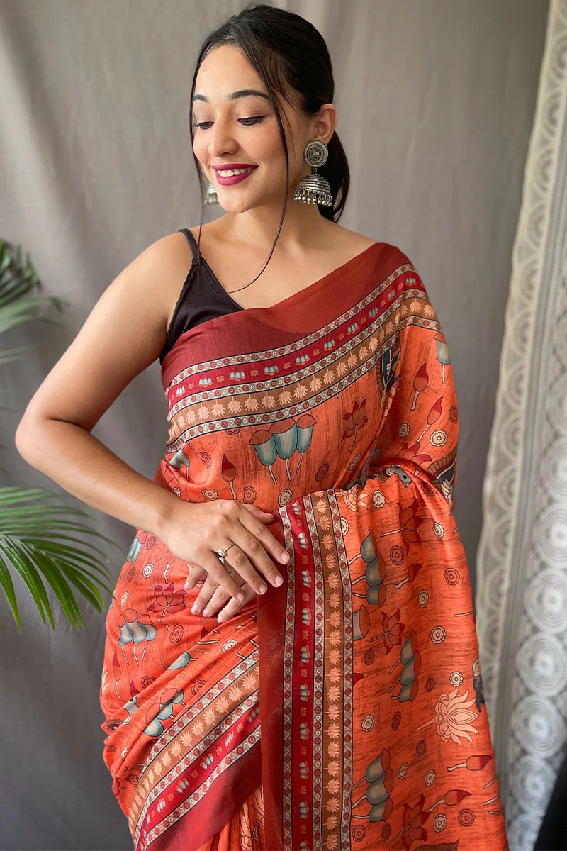 Phenomenal Orange Kalamkari Printed Saree With Adorable Blouse Piece - Image 2