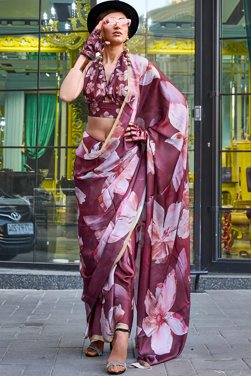 Phenomenal Wine Digital Printed Satin Silk Saree With Invaluable Blouse Piece - Image 2