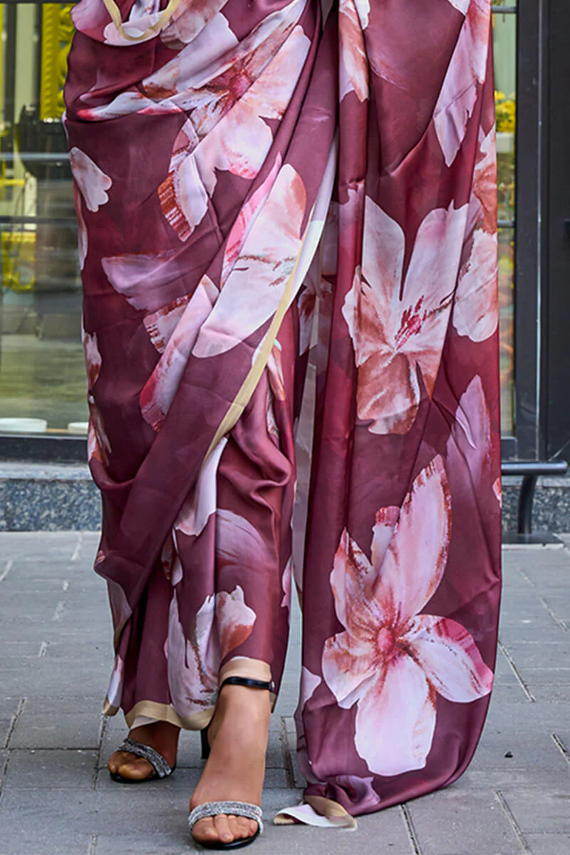 Phenomenal Wine Digital Printed Satin Silk Saree With Invaluable Blouse Piece - Image 4