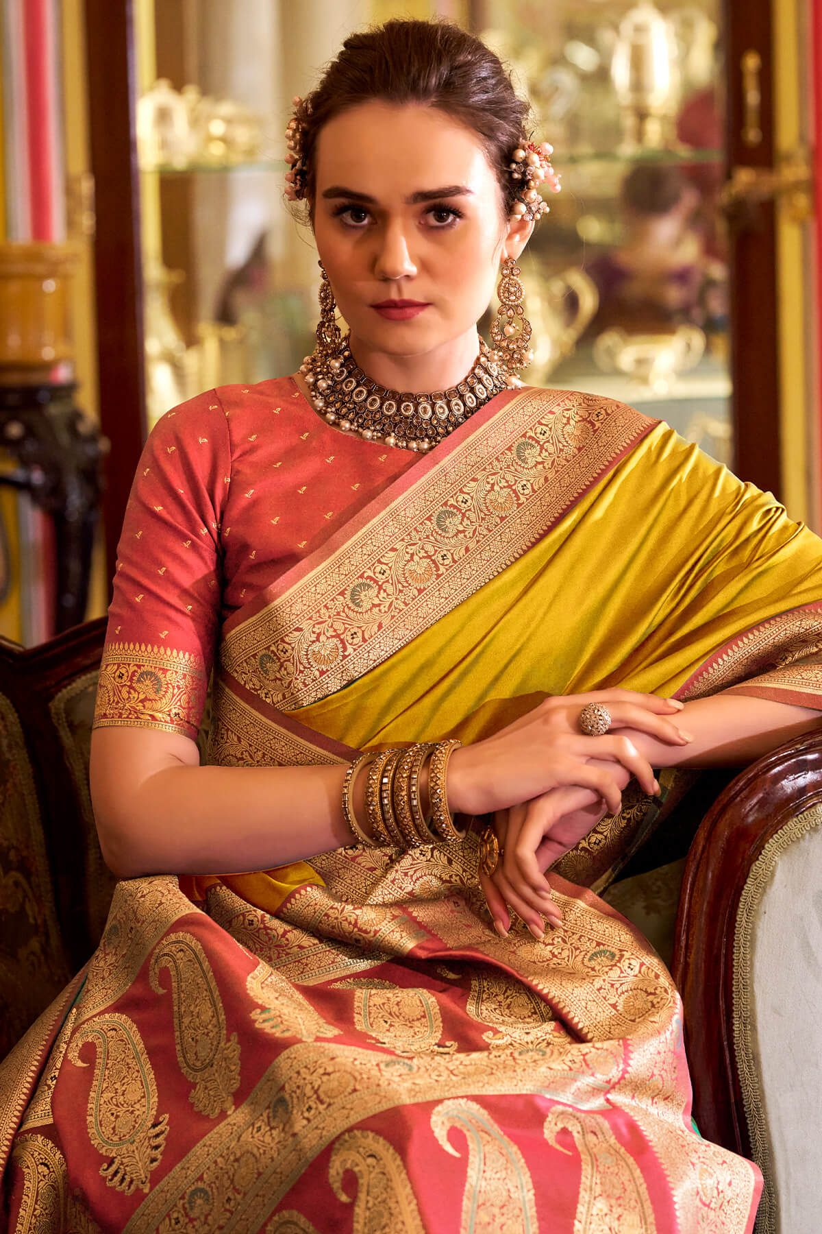 Phenomenal Yellow Soft Banarasi Silk Saree With Designer Blouse Piece - Image 2