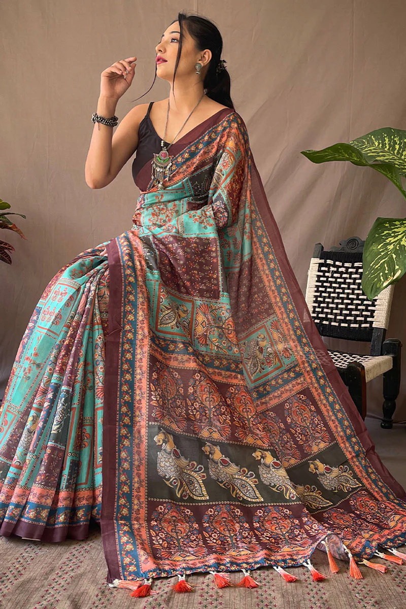 Piquant Firozi Kalamkari Printed Saree With Rhapsody Blouse Piece - Image 3