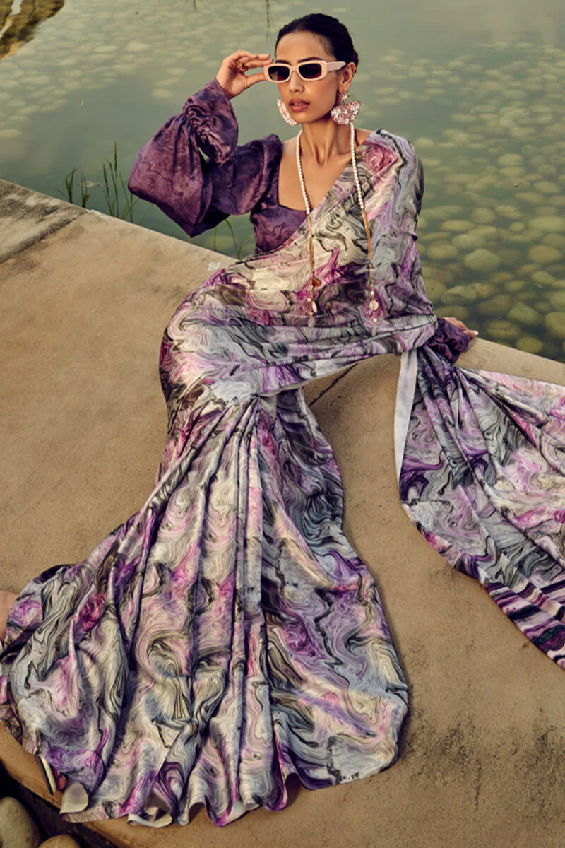 Piquant Lavender Digital Printed Satin Silk Saree With Exquisite Blouse Piece - Image 4
