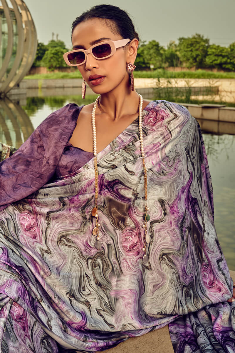 Piquant Lavender Digital Printed Satin Silk Saree With Exquisite Blouse Piece - Image 5