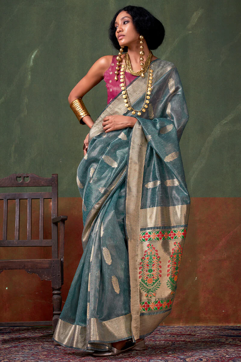 Piquant Rama Paithani Pure Tissue Silk Saree With Enticing Blouse Piece - Image 2