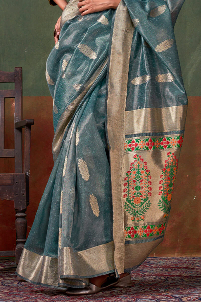 Piquant Rama Paithani Pure Tissue Silk Saree With Enticing Blouse Piece - Image 3